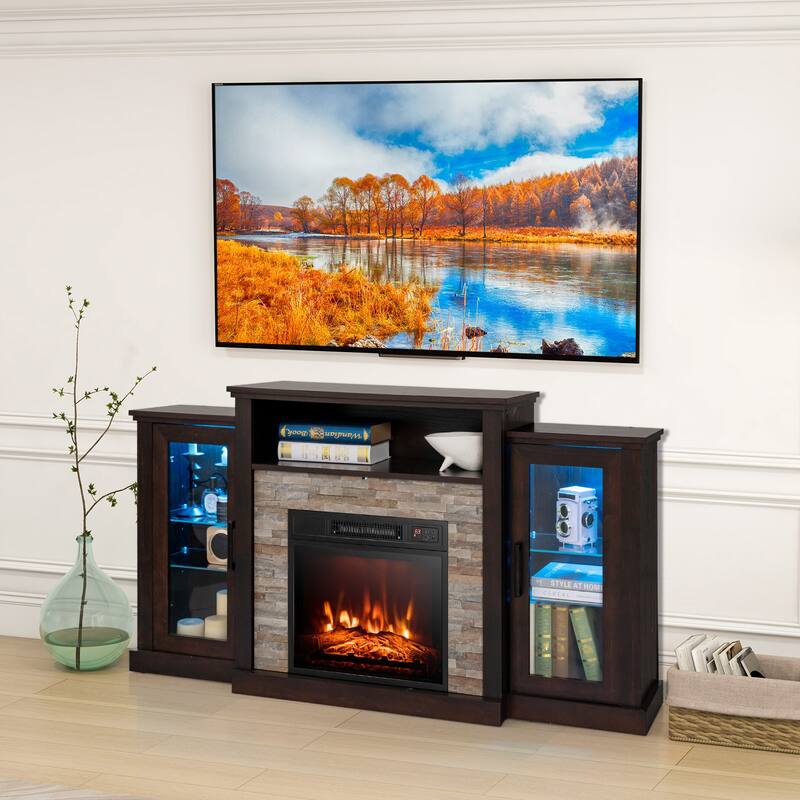 Electric Fireplace TV Stand with 16-Color LED Lights and Adjustable Glass Shelves for Living Room - 59" x 10" x 32.5"