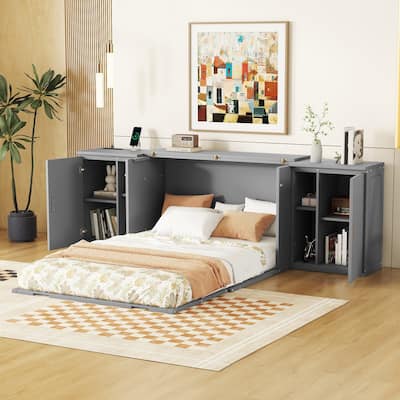 Full Size Murphy Bed with Shelves, Cabinets and USB Ports,Gray