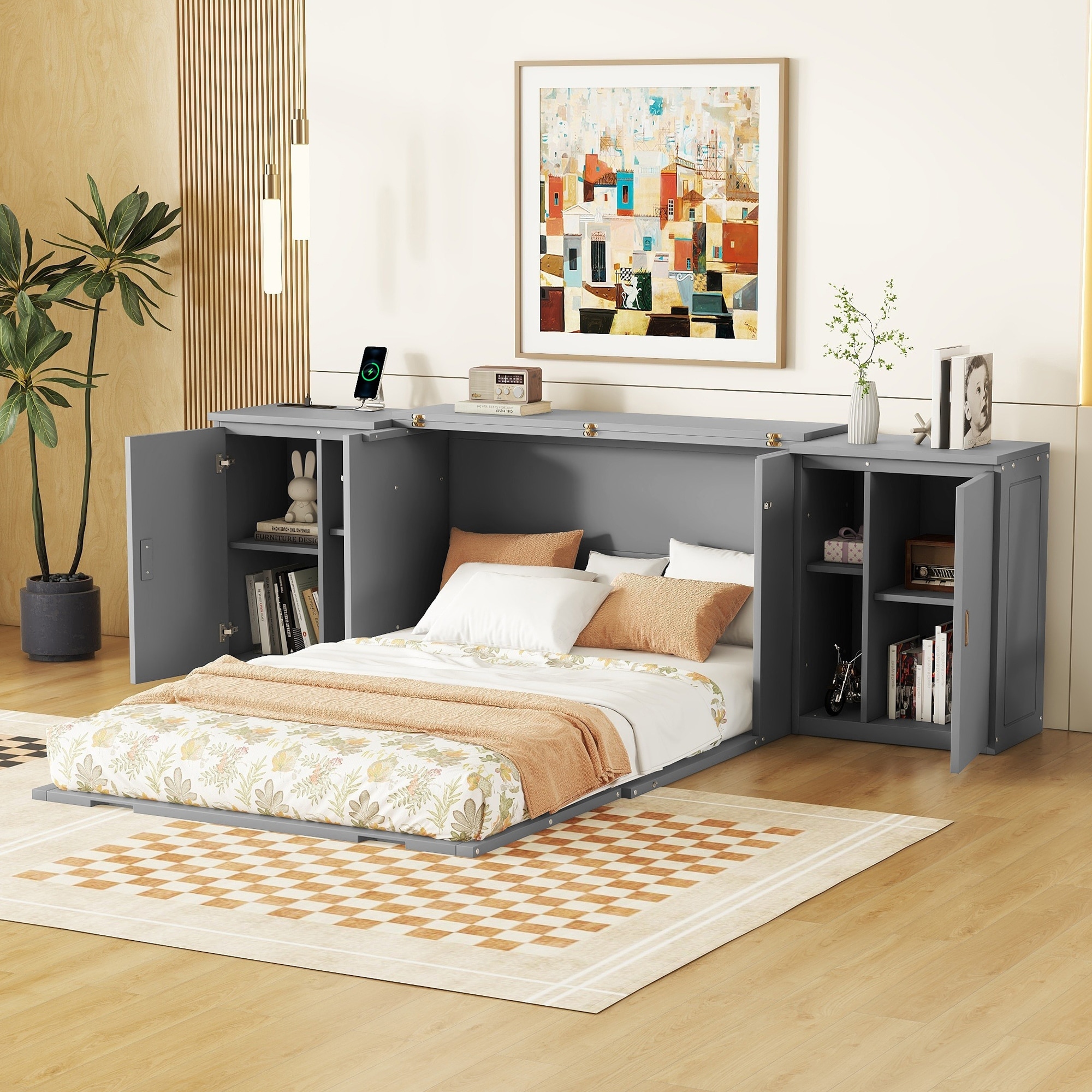Multi-function Full Size Murphy Bed with Shelves, Wooden Bed with Cabinets, Wall Bed with USB Ports, Grey
