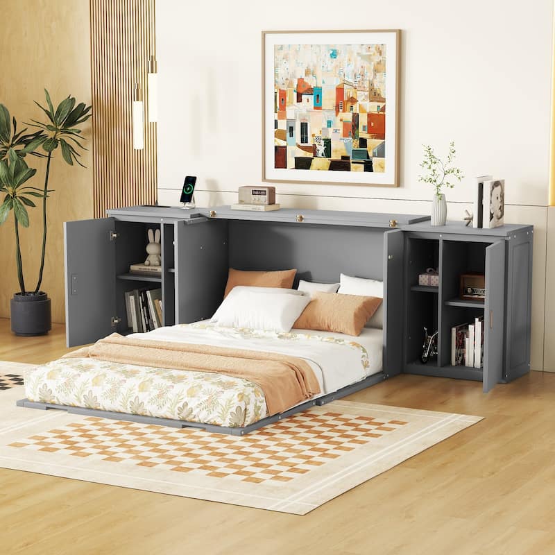 Murphy Bed with Shelves, Cabinets & USB Ports - Gray - Full