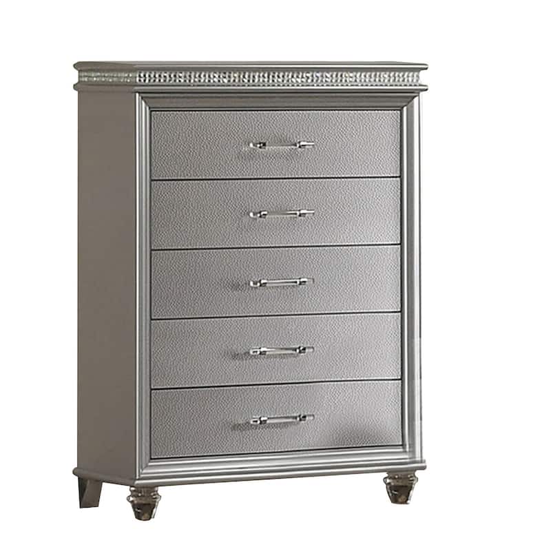 Sam 54 Inch Tall Dresser 5 Drawers Chest, Clear Acrylic Legs, Silver Finish