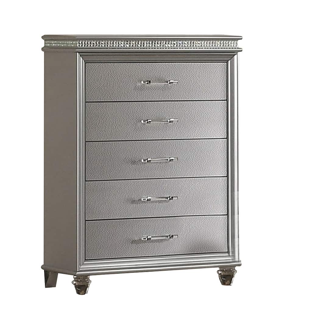 Sam 54 Inch Tall Dresser 5 Drawers Chest, Clear Acrylic Legs, Silver Finish