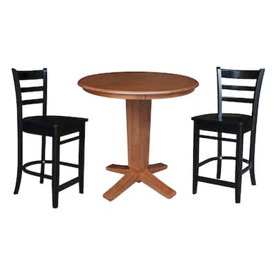 36 in Solid Wood Round Top Pedestal Dining Table with Stools in Distressed Oak/Black