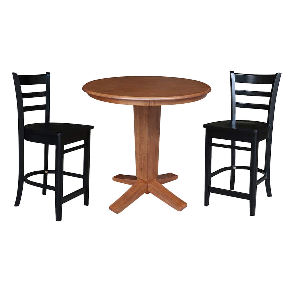 36 in Solid Wood Round Top Pedestal Dining Table with Stools in Distressed Oak/Black