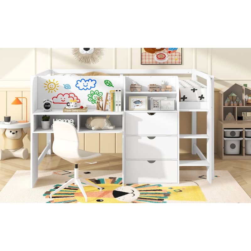 Roomfitters Full Low Loft Bed with Integrated Desk, Bookcase, Cabinets and Whiteboard, White