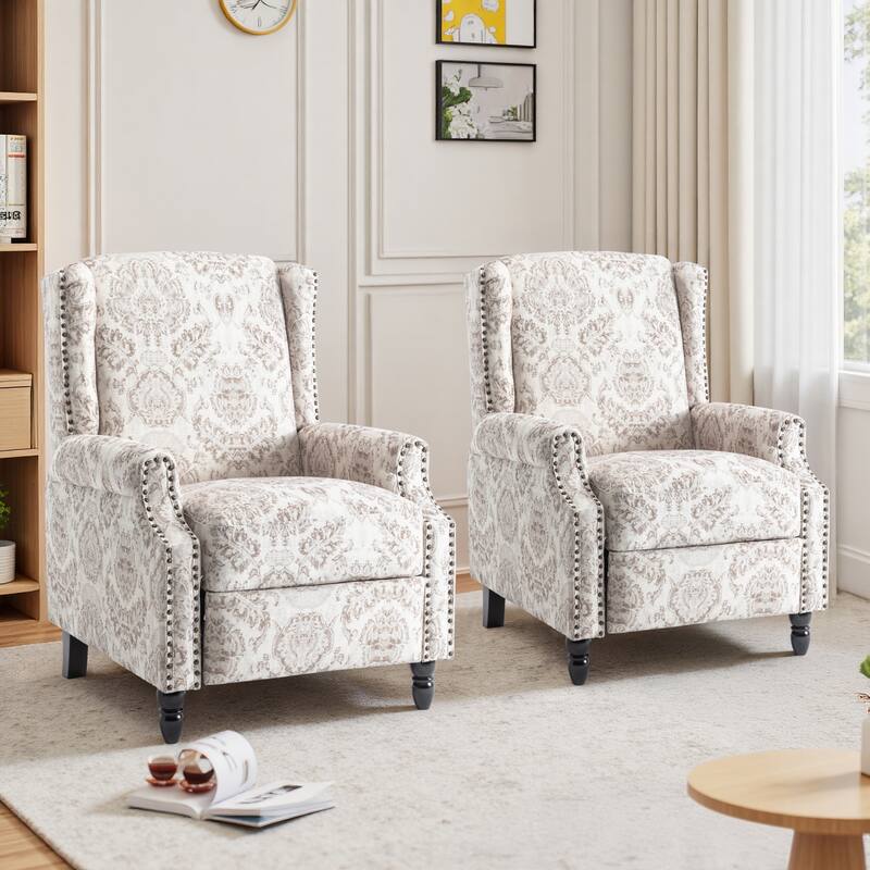 Floral Linen Manual Recliner Chair with Footrest set of 2 - BEIGE