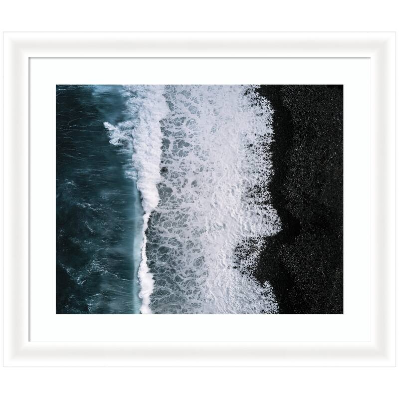 Kate and Laurel Framed Art Ocean Waves on the Black Beach in Iceland by Michael Schauer - 27x23 - White