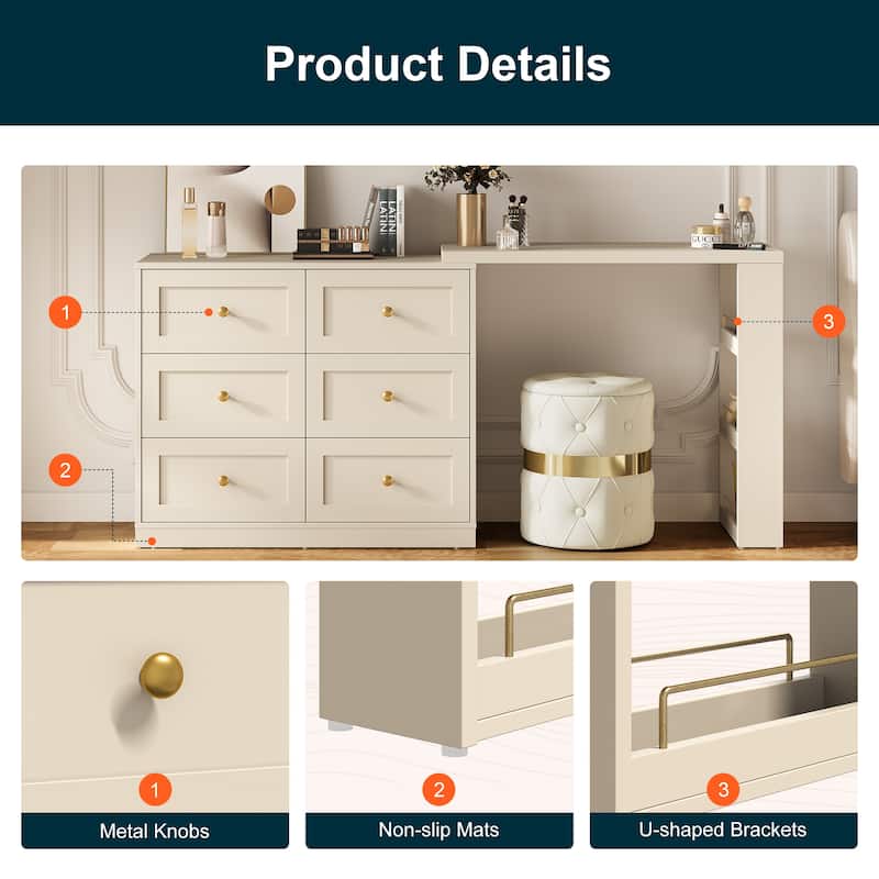 Extendable Makeup Vanity Desk with 6 Drawers