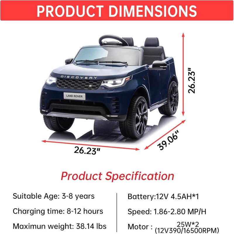 12V Kids Ride On Car,Licensed Land Rover Style, 4.5Ah Battery, 2 Motors, 3 Speed Modes, Safety Features