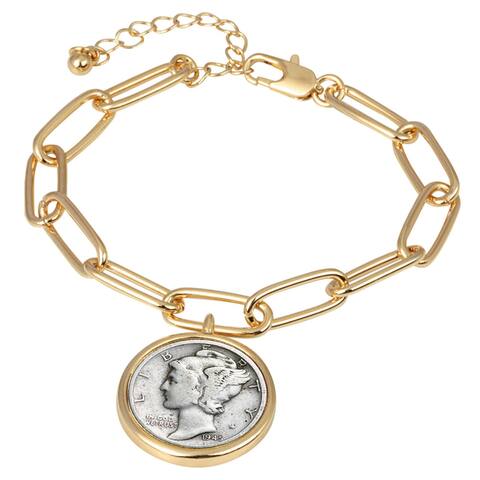 Mercury Dime Coin Goldtone Elongated Link Bracelet - 7"
