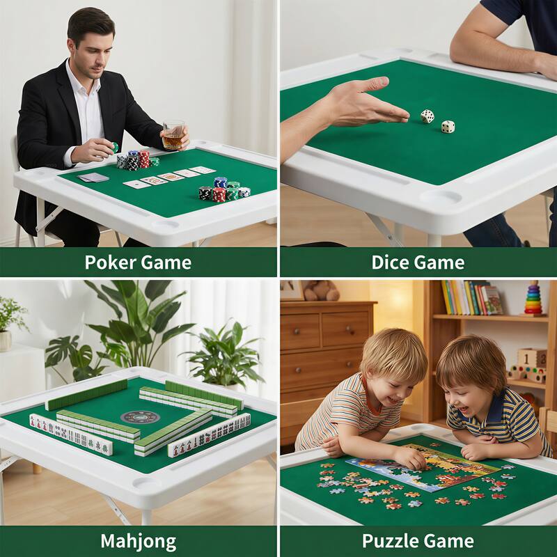 Anmytek Foldable 4-Player Game Table with Cup Holders & Tile Trays, Mahjong Poker Dice Table with Green Felt Surface