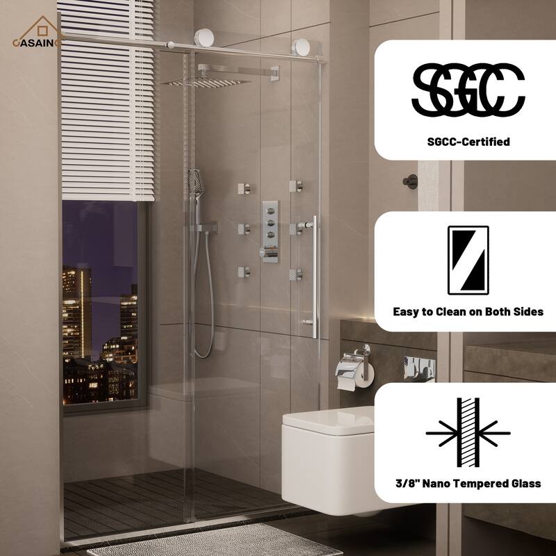 CASAINC 48 in. W x 76 in. H Sliding Frameless Shower Door with Tempered Glass