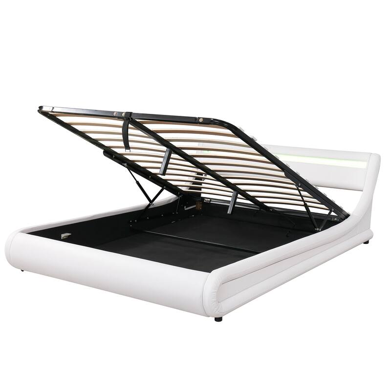 Queen Size Storage Bed Sleigh Bed Platform Bed with Hydraulic Storage System and LED Headboard Sleigh Design Low Profile Bed