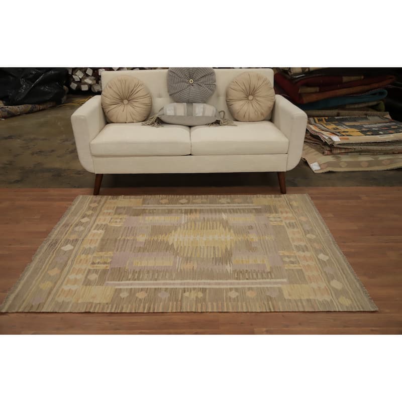 Hand Woven Oriental 100% Wool Carpet Southwestern Tribal Brown Kilim Area Rug - 5' 8'' X 4' 0''