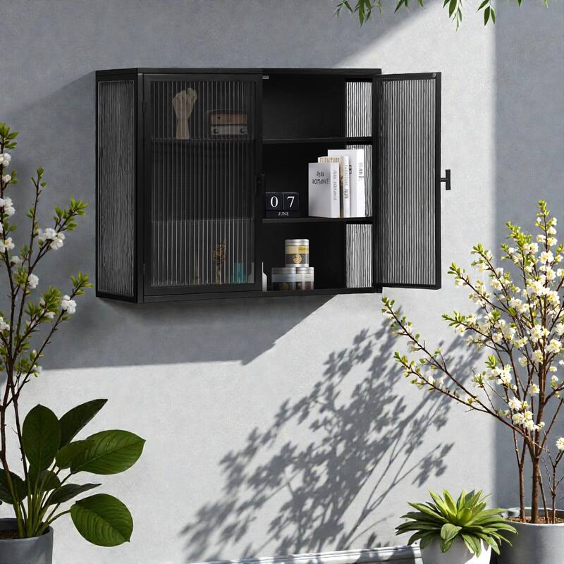 27.56" Modern Wall Cabinet with Glass Doors, 3-Tier Storage, Iron and Tempered Glass Hanging Cabinet for Bathroom and Entryway