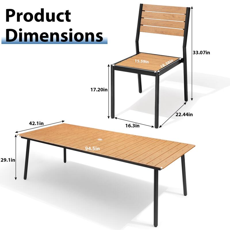 11-Piece Outdoor Patio Dining Set Wood-Like Table Top Alumium Umbrella Hole Table with Stackable Armless Chairs