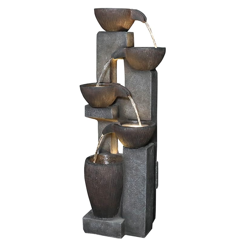 39-inch High 5-Tier Outdoor Water Fountain w/LED Lights for Patio Deck