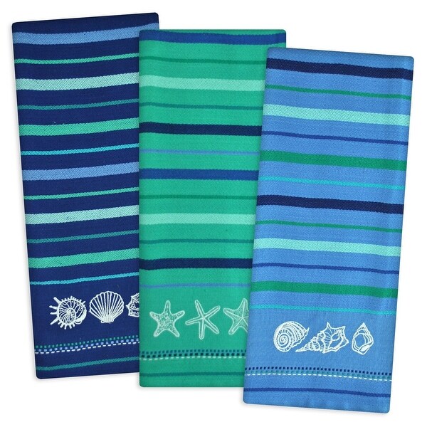 Set of 3 Blue and Green Seashell Embroidered Kitchen Dishtowels 28" x 18" - N/A