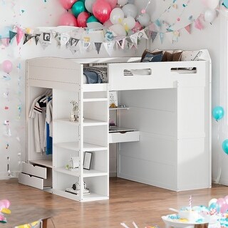 Full Size Loft Bed with Desk,Wardrobes,4 Drawers and 4 Shelves