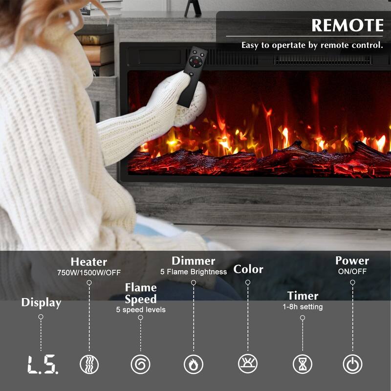 Bossin 70" Fireplace TV Stand with 36" Electric Fireplace, TV Stand for TVs Up to 80", 16 Colors LED Lights/Entertainment Center