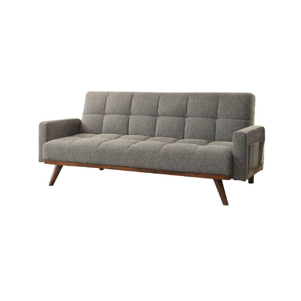 Fabric Upholstered Tufted Futon Sofa with Angled Wooden Legs, Light Gray