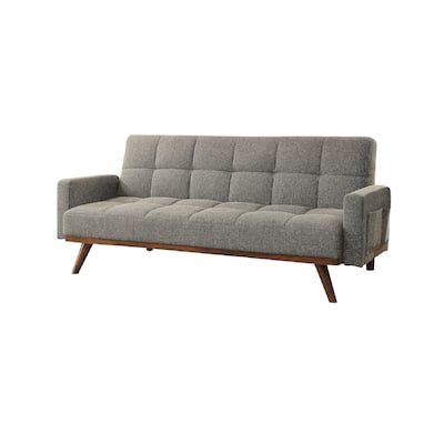 Fabric Upholstered Tufted Futon Sofa with Angled Wooden Legs, Light Gray