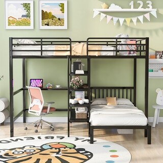 Full Over Twin Metal Bunk Bed with Integrated Desk, Shelves, and Ladder
