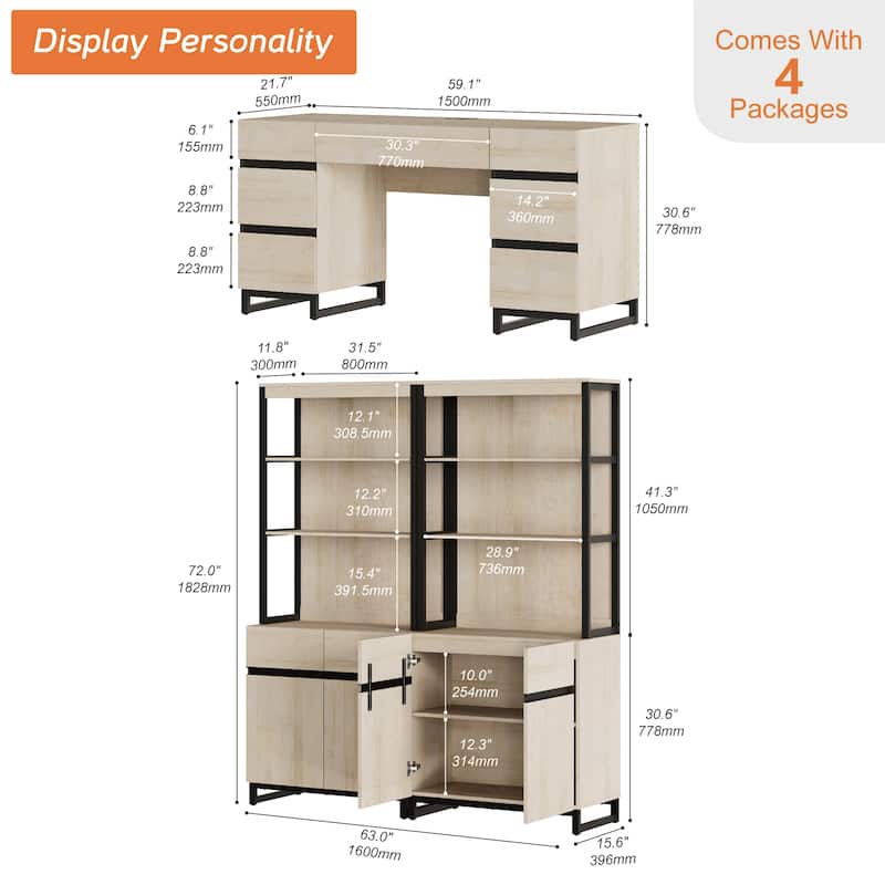 WAMPAT 59in Modern Executive Desk with Charging Station & Drawers and 2 PCS 72in Tall Bookcases with Storage Cabinet.