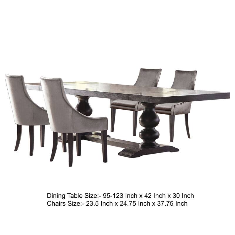 Phelly 5pc Dining Table Set, 95-123 Inch Extendable Top, Gray, Black