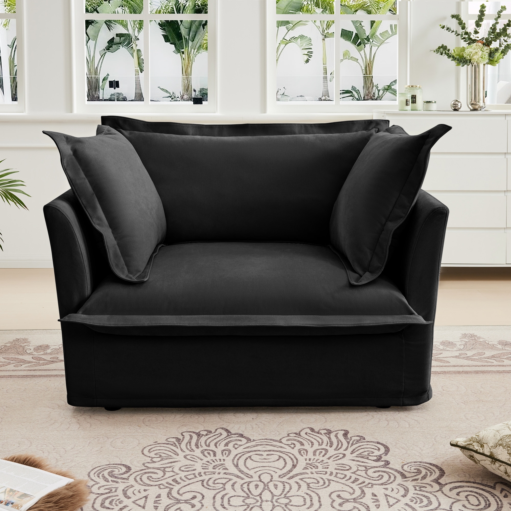 Oversized Chenille Fabric Armchair, Ergonomic Upholstered Sofa Chair, Lounge Reading Chair with 1 Back Cushion & 2 Toss Pillows