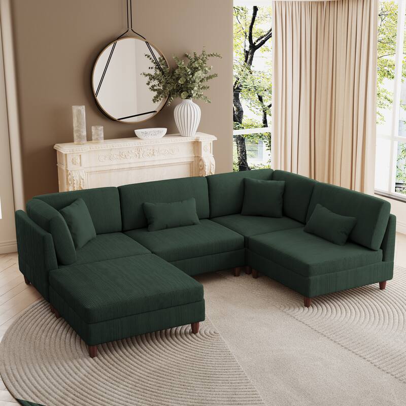 Corduroy Convertible Couch Modular Sectional Sofa with Ottoman