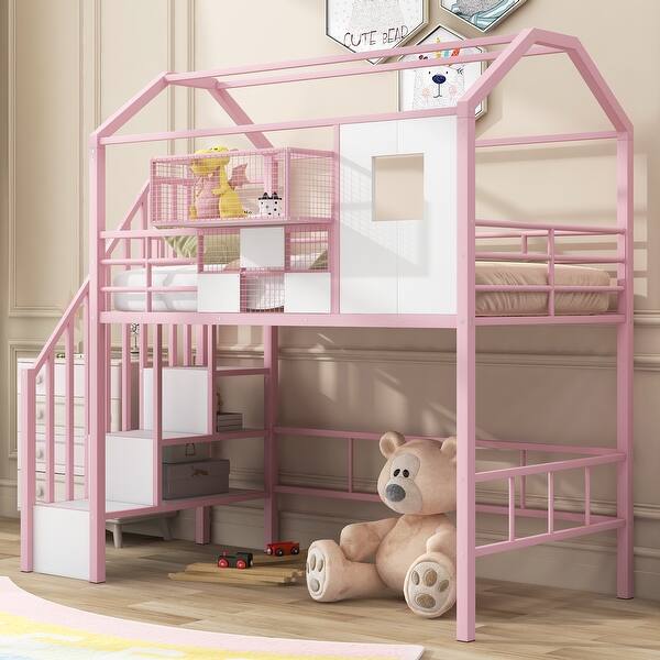 slide 2 of 29, Luxuriant Metal Loft Kids Bed with Roof Design,Ladder,Guardrail and a Storage Box,Metal Frame Pink