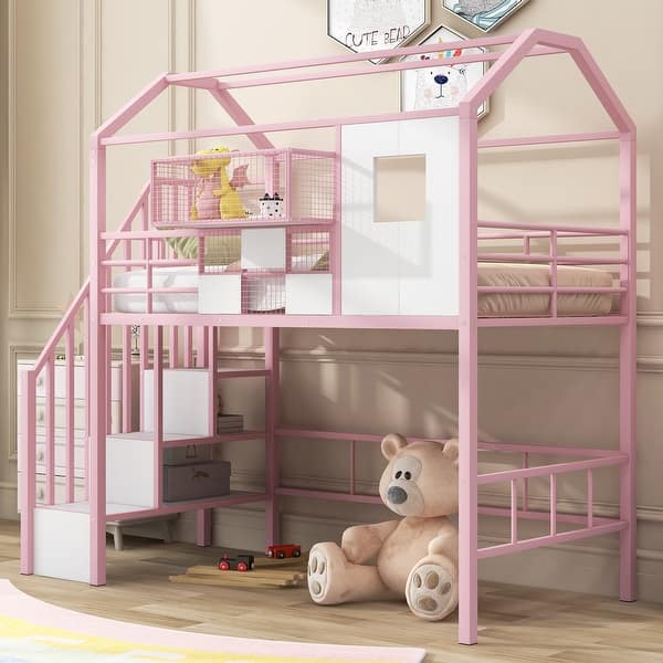 slide 2 of 15, Twin Metal Loft Bed with Roof Design and Integrated Storage Box Pink