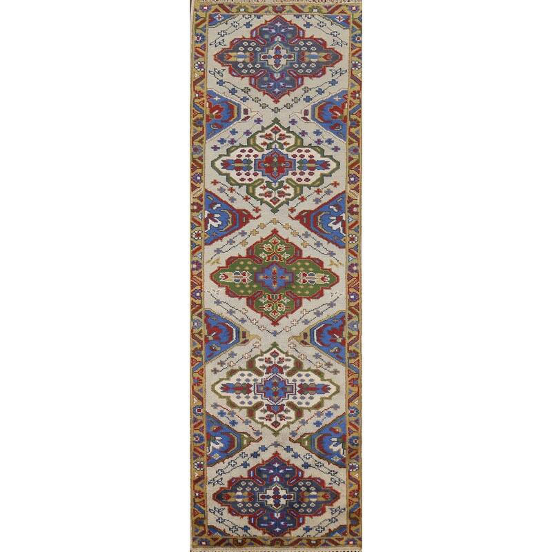 Geometric Kazak Runner Rug Hand-Knotted Wool Carpet - 2'7"x 9'11"