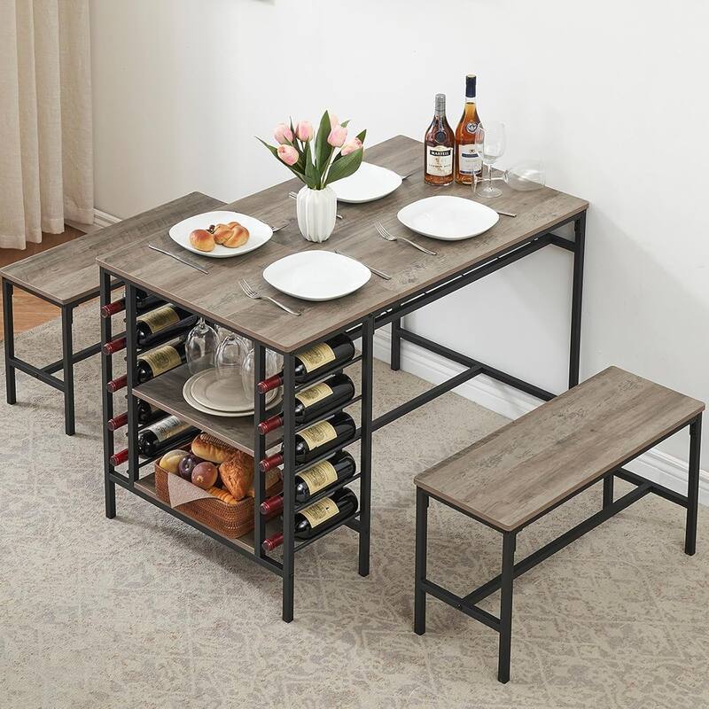 Dining Table Set with 2 Benches and Storage Shelf, Rectangular Table for Small Dining Area or Apartment - ‎Grey
