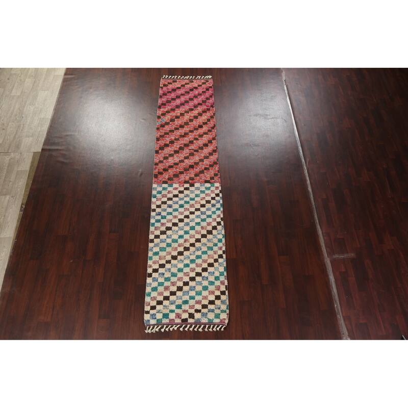 Modern Checkered Moroccan Oriental Wool Runner Rug Hand-knotted Carpet - 2'11" x 12'10"