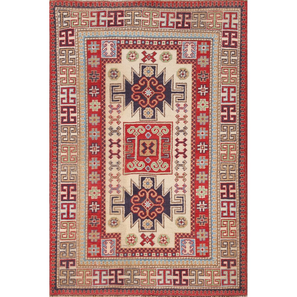 Geometric Beige Kazak Oriental Accent Rug Handmade Wool Carpet - 3'1"x 4'8"