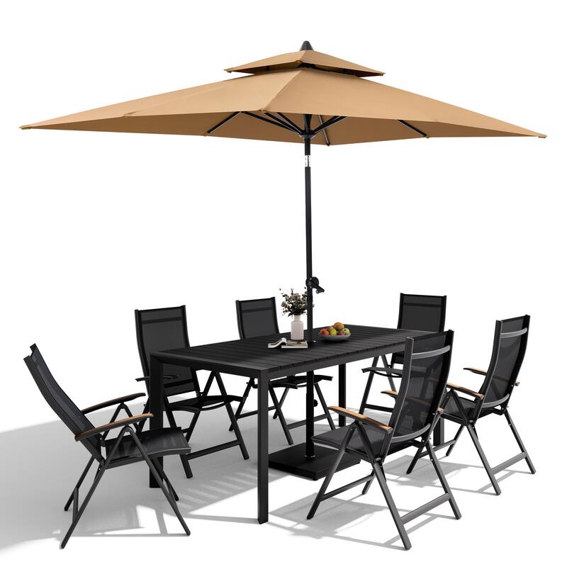 9-Piece Outdoor Patio Dining Set Wood Like Aluminum Umbrella Hole Table with Folding Chairs, Market Umbrella and Base