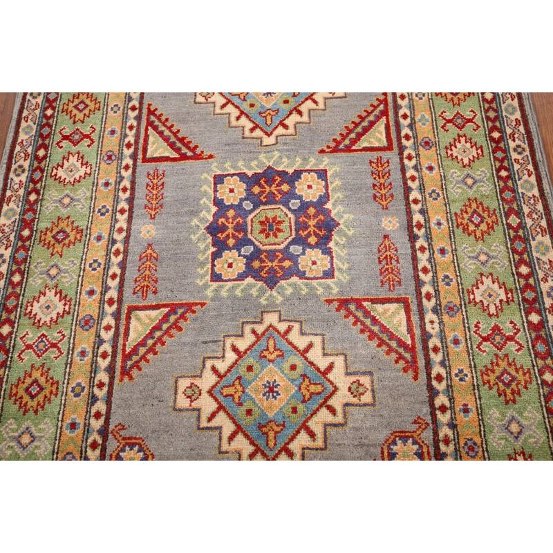 Geometric Grey Kazak Foyer Rug Hand-Knotted Wool Carpet - 3'5" x 4'10"