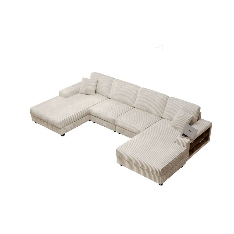 139.76" Corduroy U-Shape Sectional Sofa with Storage Armrests and Pocket Spring Cushions