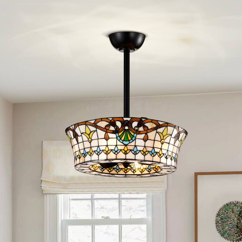 Fleur Carousel Ivory and Amber Tiffany Glass Lighted Ceiling Fan w Remote