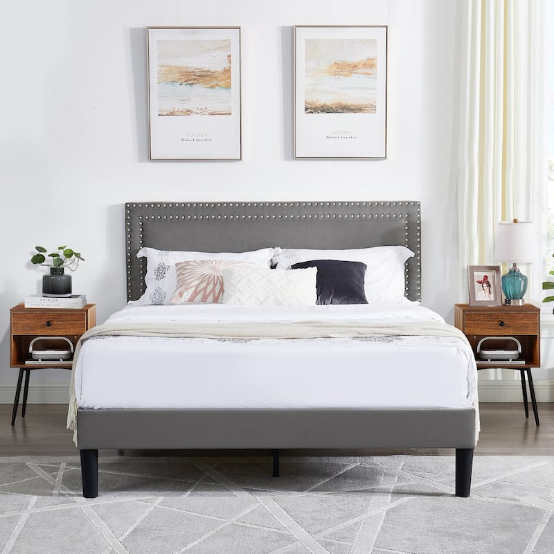 VECELO 3-Pieces Upholstered Platform Bed Frame with Adjustable Headboard and Nightstands Set of 2, Grey - Brown - Full