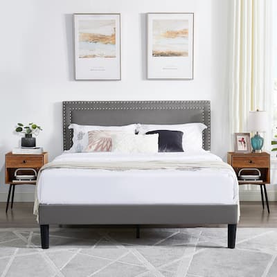 VECELO 3-Pieces Upholstered Platform Bed Frame with Adjustable Headboard and Nightstands Set of 2, Grey