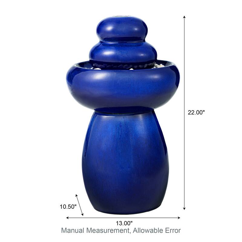 Glitzhome 22"H Zen-Style Cobalt Blue Pebbles Outdoor Ceramic Fountain with Pump and LED Light