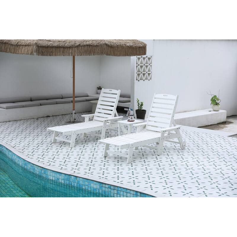 Outdoor Solid Wood Frame Slat Recliner with Pulleys - White-2PC