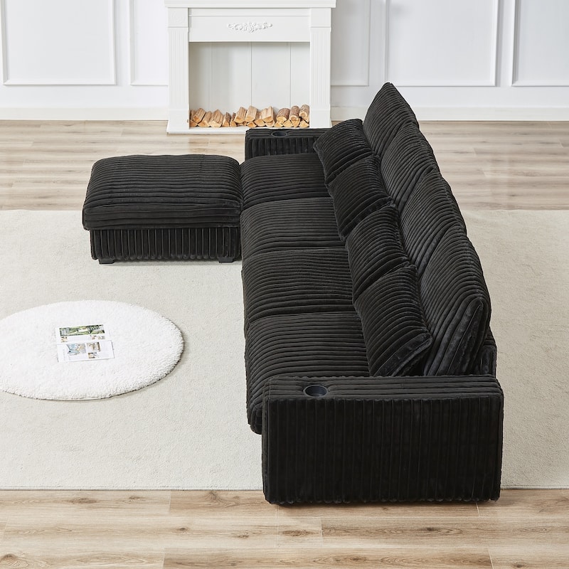 126" Corduroy Super Large L-Shaped Sofa With Cup Holder,Four Waist Pillows,Four Back Cushion and USB Port