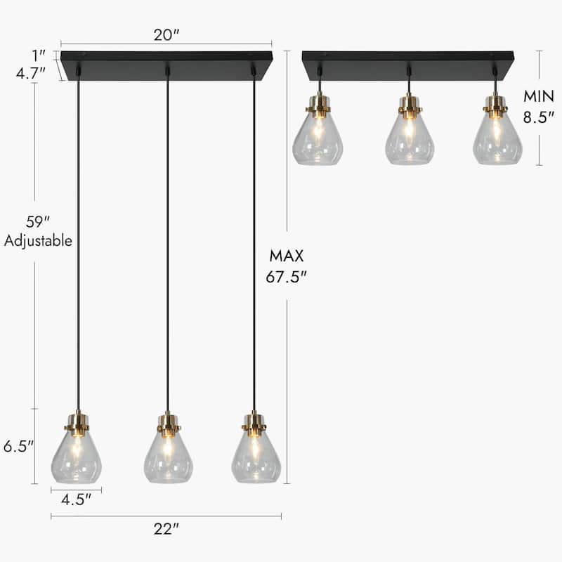 Nalia Black Gold 3-light Modern Linear Pendant Light Kitchen Island Dining Room Chandelier DIY - 22"W x 67.5"H x 5" D