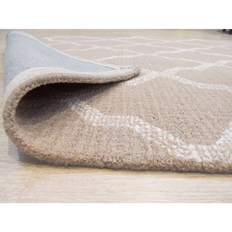 Beige Modern Geometric Wool Loop Cut Pile Rug, 8'9 x 11'9, Contemporary Plush Accent - L