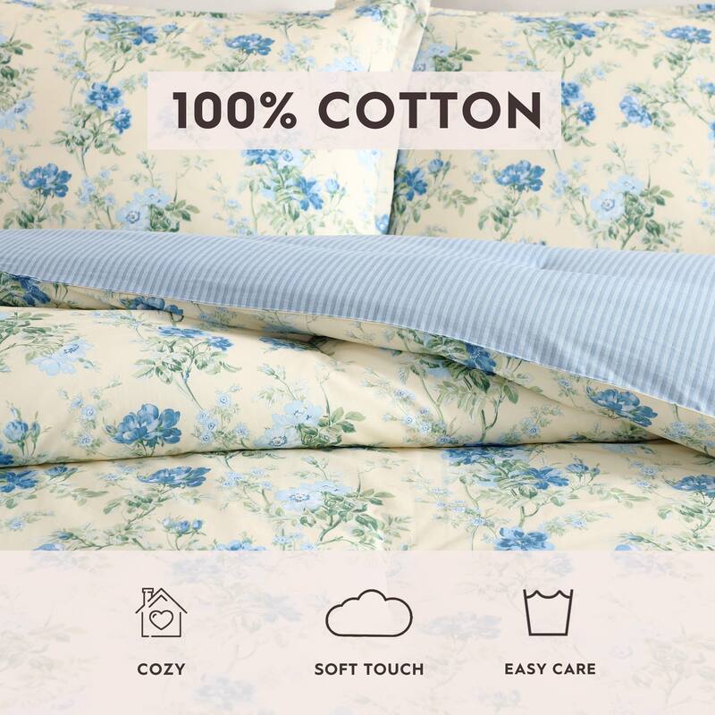 Laura Ashley Blossom Dance Reversible Cotton Blue Comforter Set