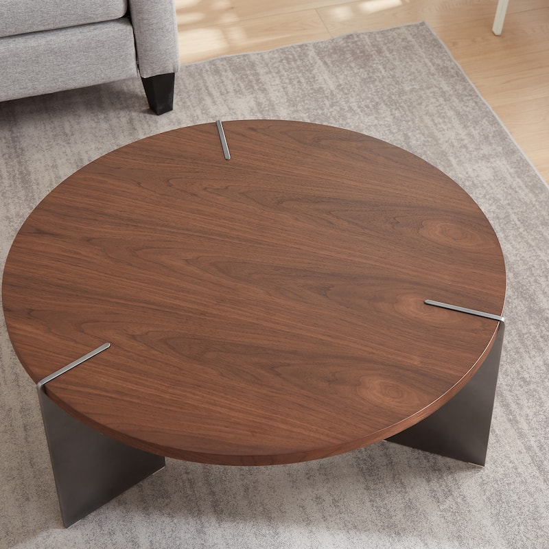 Round Coffee Table Modern Center Table with Oak Decorative Countertops and Frame, for Living Room and Office